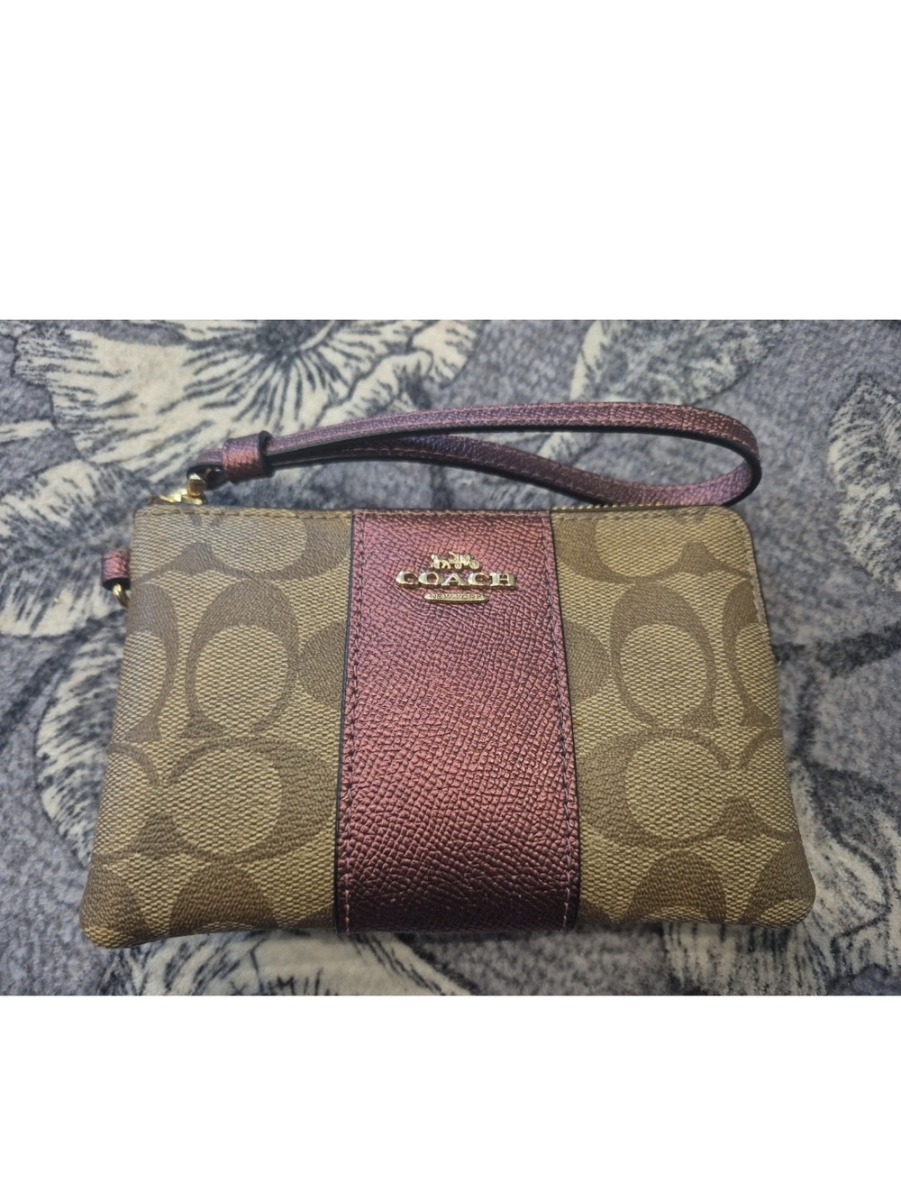 Coach Brown Signature Canvas Wristlet with Metallic Rose Center